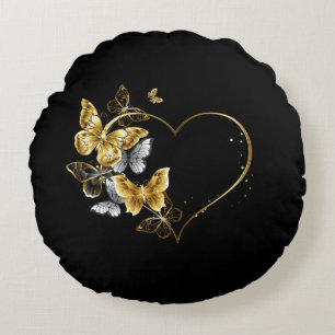 Heart with Golden Butterflies Round Pillow