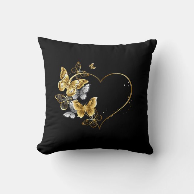 Heart with Golden Butterflies Throw Pillow (Front)