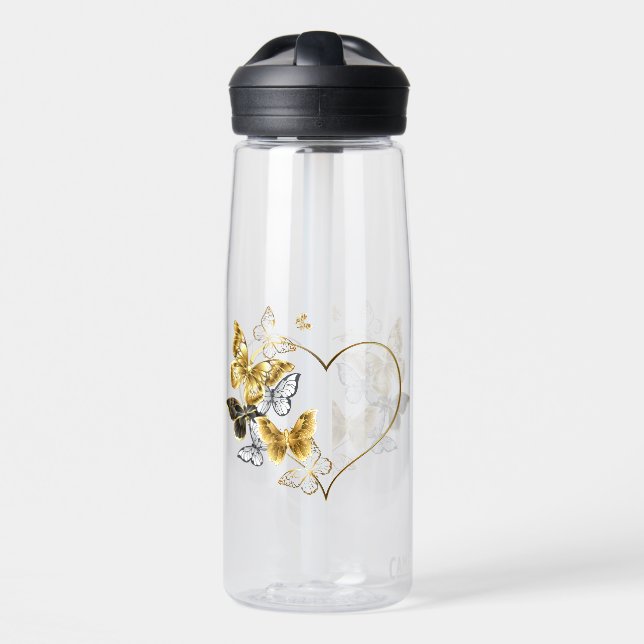 Heart with Golden Butterflies Water Bottle (Front)