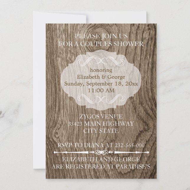 Heart with initials on wood wedding couples shower invitation (Back)