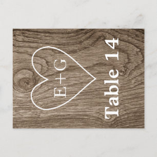 Heart with initials on wood wedding table number postcard
