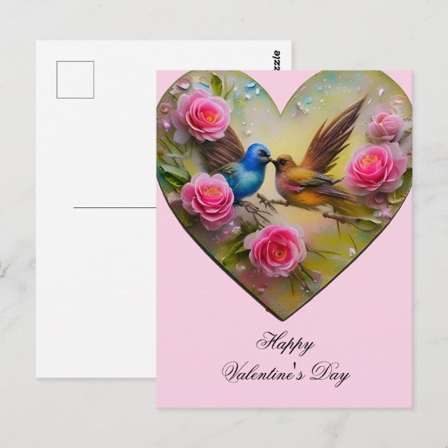 Heart with pink flowers and birds Valentine Postcard (Front/Back)