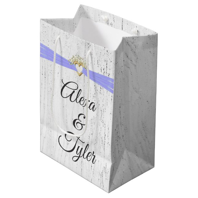 Heart with Purple Ribbon On Whitewashed Wood   Medium Gift Bag (Front Angled)