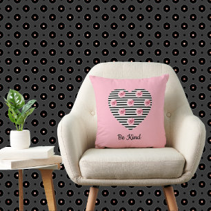 Heart with Romantic Black Striped Roses on Pink Throw Pillow