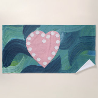 Heart with Seashells and Ocean Waves 2 Beach Towel