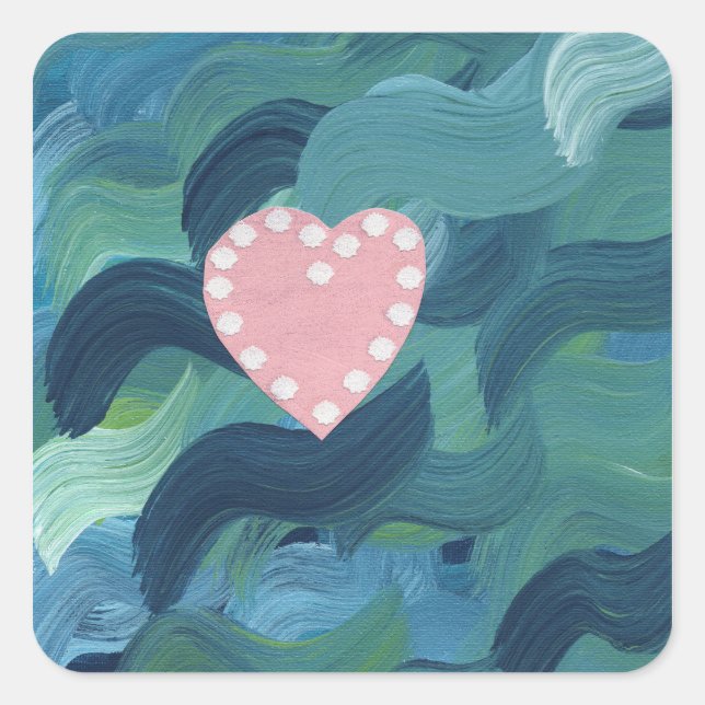 Heart with Seashells and Ocean Waves Square Sticker (Front)