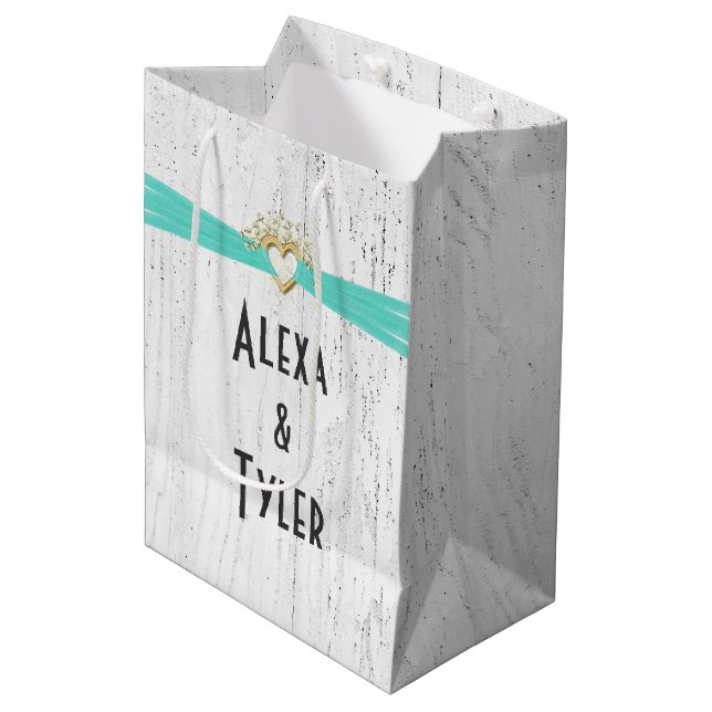 Heart with Turquoise Ribbon On Whitewashed Wood  Medium Gift Bag (Front Angled)