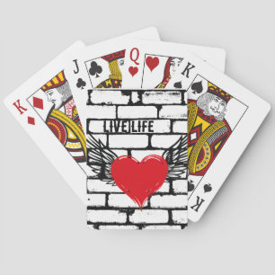 Heart with wings /brick wall,  playing cards