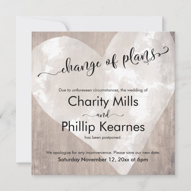 Heart Wood Postponed Wedding Change of Plans Card (Front)