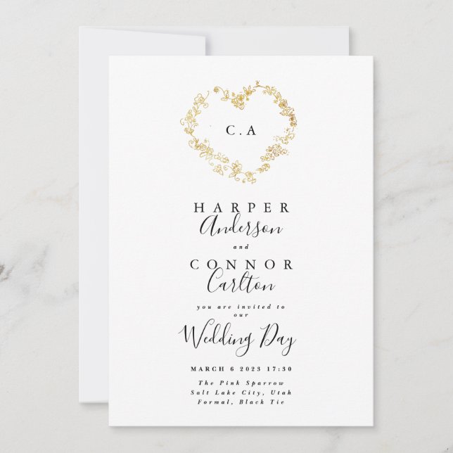 Heart Wreath Monogram Wedding Invitation (Front)