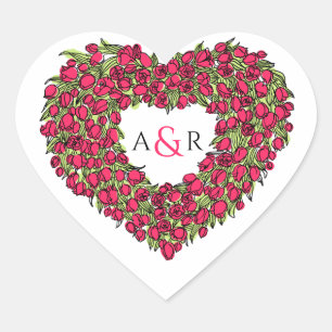 Heart wreath red tulips monogram wedding sticker