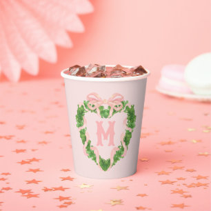 Heart Wreath with Pink Bow Monogram Paper Cups