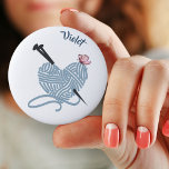 Heart Yarn Ball w. Knitting Needles - Personalized 2 Inch Round Button<br><div class="desc">Personalize this button badge with your name or custom text. The design features a heart shaped ball of yarn with knitting needles and a little butterfly. The badge has a colour palette of grey,  pink and blue. Please browse our store for matching and coordinating items.</div>