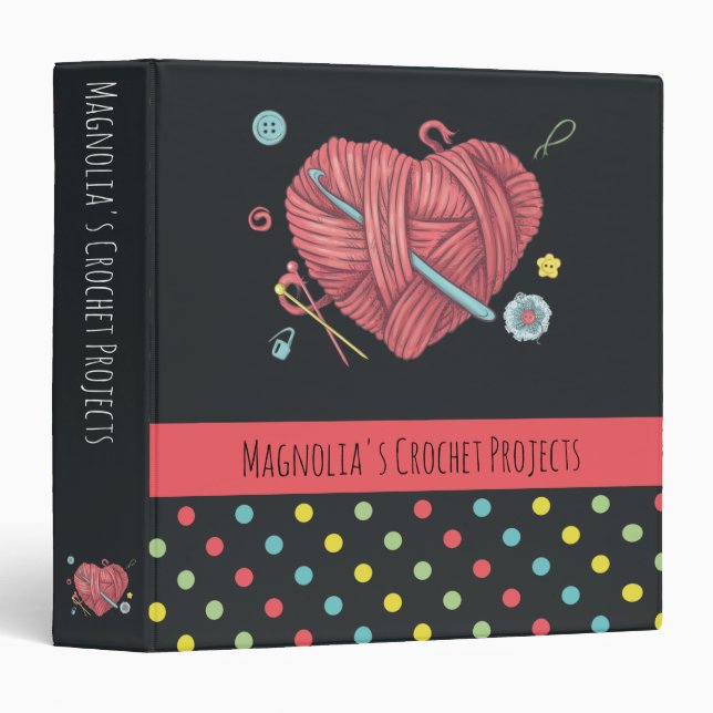Heart Yarn Polka Dot Crochet Projects Binder (Front/Spine)