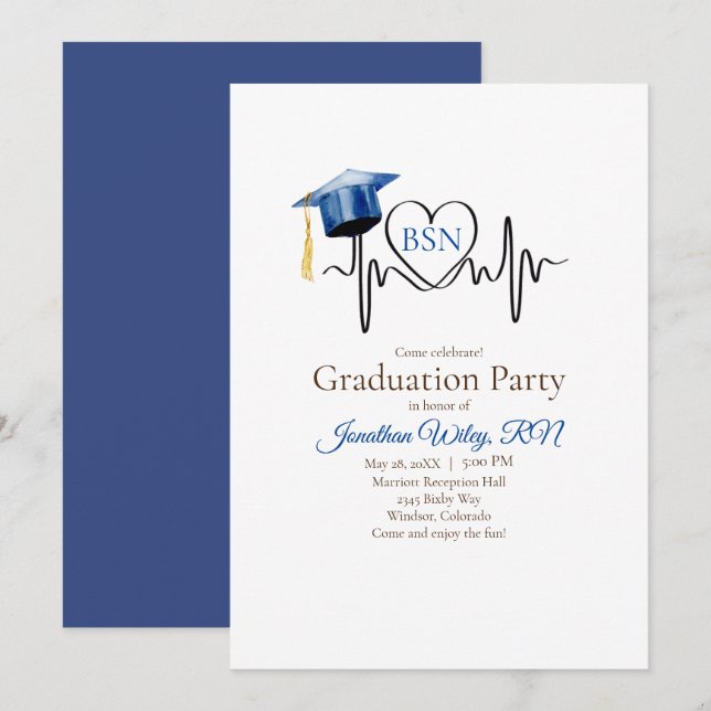 Heartbeat and Blue Graduation Cap Invitation (Front/Back)