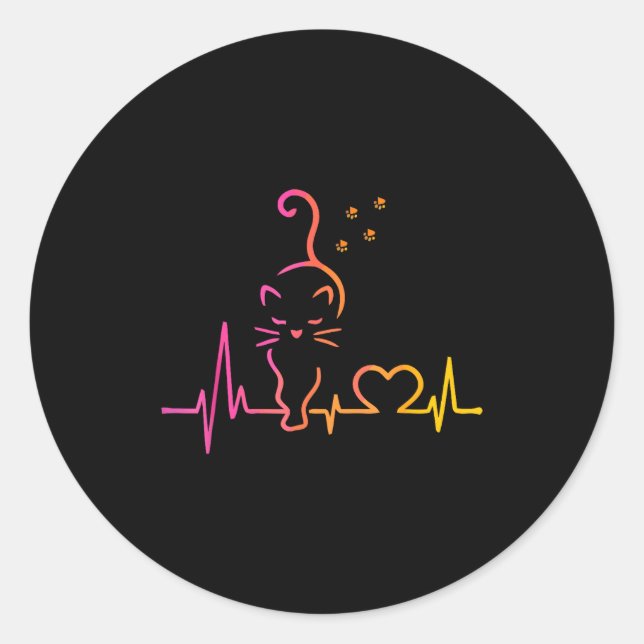 Heartbeat Cat Lover Animal Silhouette Cute Cat  Classic Round Sticker (Front)