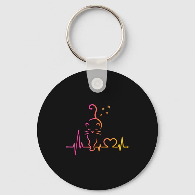 Heartbeat Cat Lover Animal Silhouette Cute Cat  Keychain (Front)