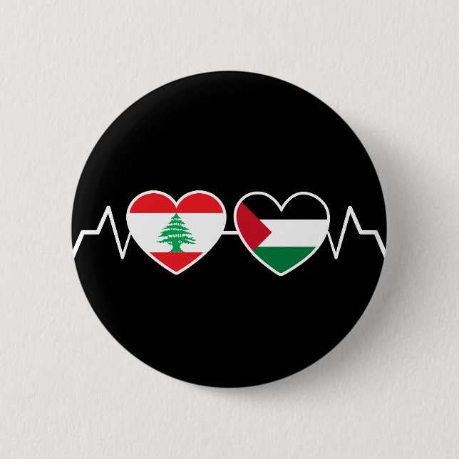 Heartbeat Lebanon Palestine Unity Flags. 2 Inch Round Button (Front)
