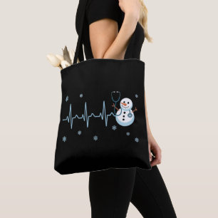 Heartbeat Nurse Snowman Christmas Tote Bag