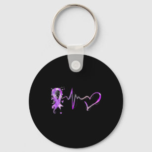 Heartbeat Purple Ribbon Pancreatic Cancer Awarenes Keychain