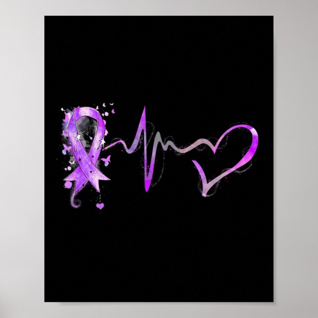 Heartbeat Purple Ribbon Pancreatic Cancer Awarenes Poster (Front)