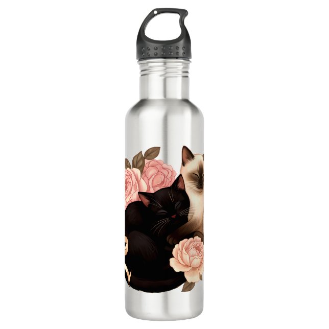 Heartbound: Siamese & Black Cats in Bloom 710 Ml Water Bottle (Front)