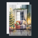 Heartfelt Christmas Scene With Winter Contrast Holiday Card<br><div class="desc">A touching watercolor Christmas scene divided in two: one half shows festive warmth with a decorated tree, gifts, and cozy sofa, while the other half reflects solitude with empty space, soft candlelight, and quiet melancholy. Elegant script reads, "Thinking of You on Your First Christmas Without Your Loved One, " perfectly...</div>