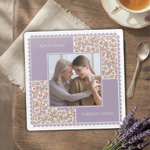 Heartfelt Lavender Floral Mother Daughter Photo Glass Coaster