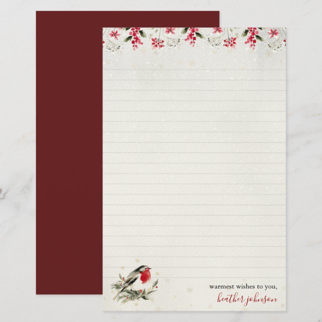 Hearthlight Notes Winter Robin Bird Personalized Stationery (Front/Back)