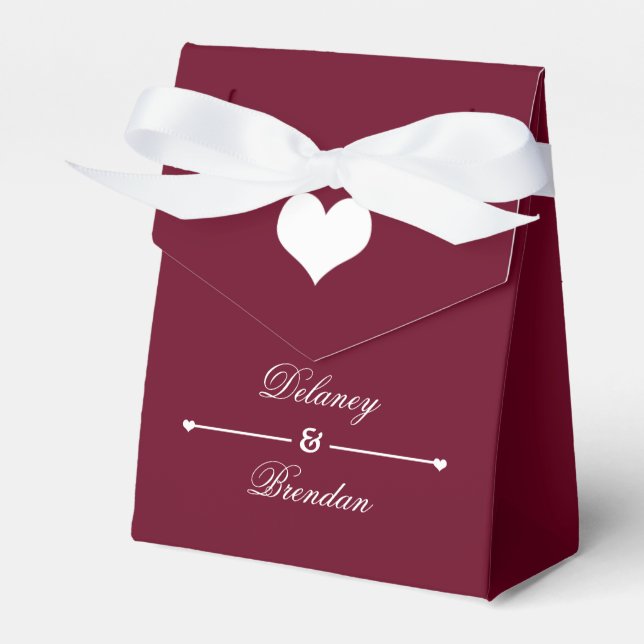 Heartline (burgundy) Personalized Wedding Favor Box (Front Side)