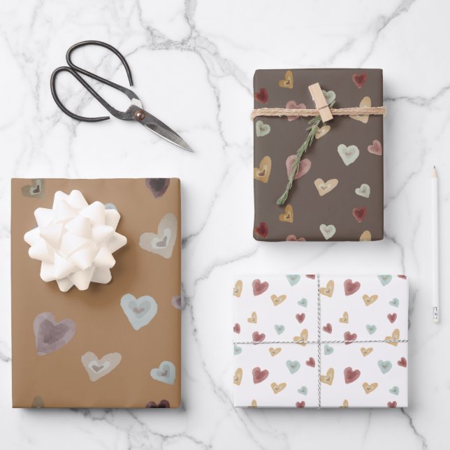 Hearts2 Wrapping Paper Sheets - Brown - Set of 3 (Front)