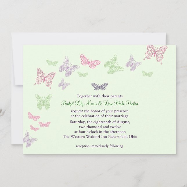 Heart's a Flutter Wedding Invitation (green) (Front)