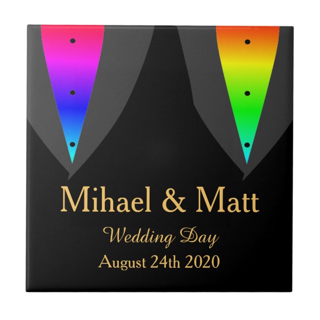 Hearts Aglow with Pride Tile Gift for Gay Weddings (Front)