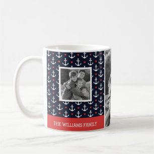 Hearts & Anchors Pattern   Family Photo   Monogram Coffee Mug