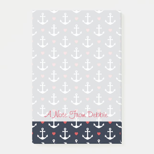 Hearts And Anchors Pattern | Add Your Name Post-it Notes (Front)