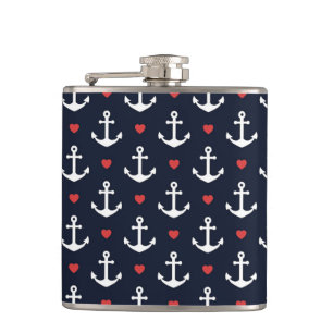 Hearts And Anchors Pattern Hip Flask