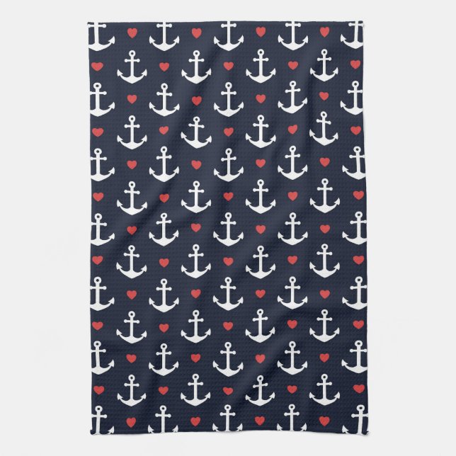 Hearts And Anchors Pattern Kitchen Towel (Vertical)