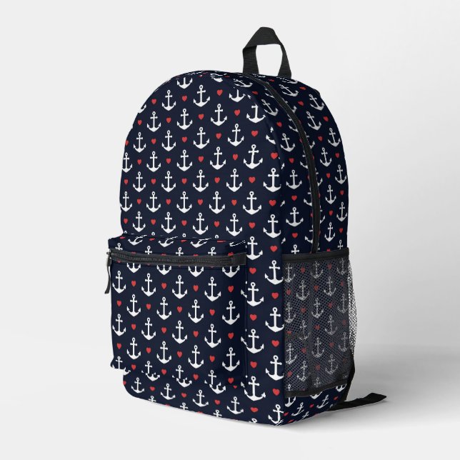 Hearts And Anchors Pattern Printed Backpack (Back Corner Right)