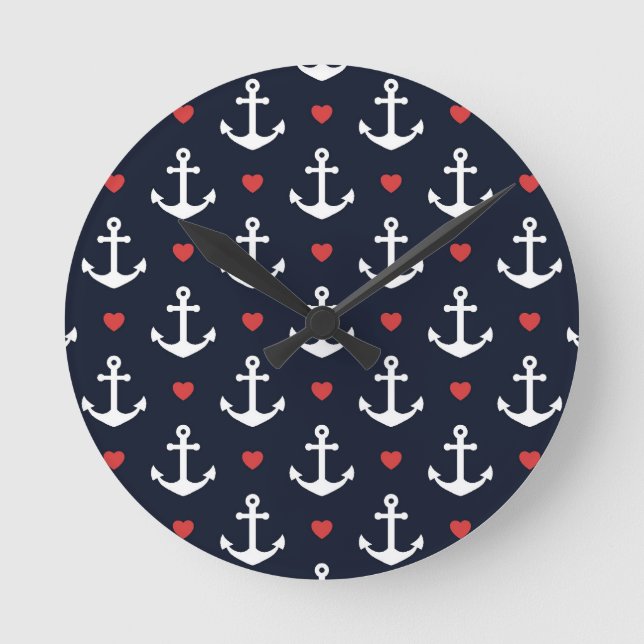 Hearts And Anchors Pattern Round Clock (Front)