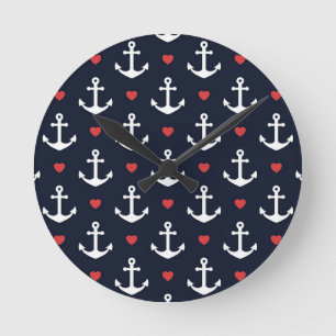 Hearts And Anchors Pattern Round Clock
