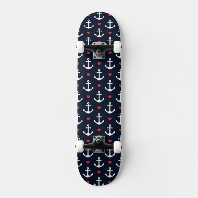 Hearts And Anchors Pattern Skateboard (Front)