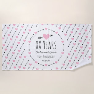 Hearts and Arrows Personalized Wedding Anniversary Beach Towel