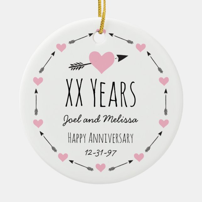 Hearts and Arrows Personalized Wedding Anniversary Ceramic Ornament (Front)