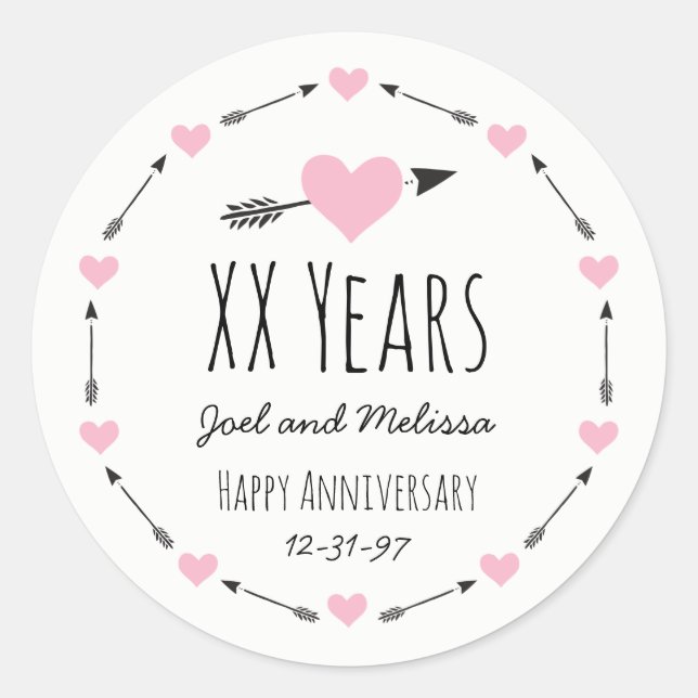 Hearts and Arrows Personalized Wedding Anniversary Classic Round Sticker (Front)