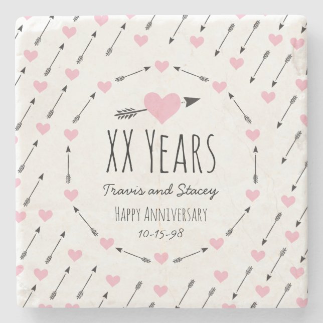 Hearts and Arrows Personalized Wedding Anniversary Stone Coaster (Front)