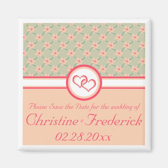 Hearts and Blossoms, square save the date magnet (Front)