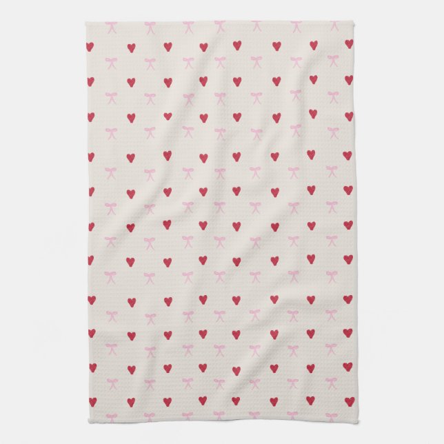  Hearts and Bows Coquette Pattern Kitchen Towel (Vertical)
