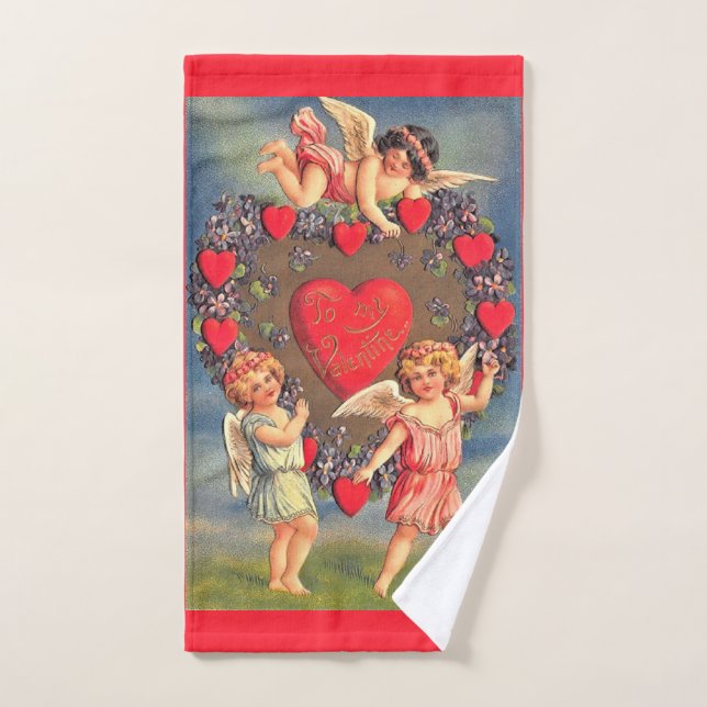 Hearts and Cherubs Vintage Valentine's Day Towel (Hand Towel)