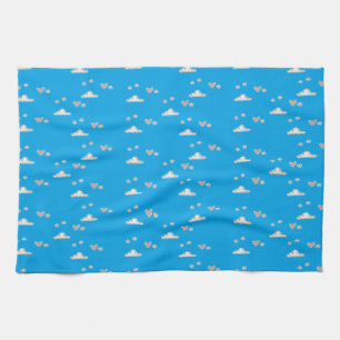 Hearts and clouds on blue kitchen towel