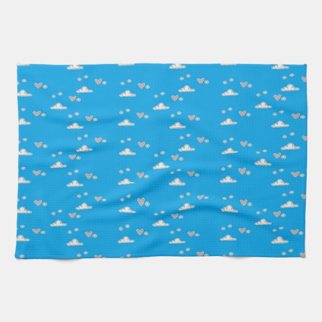 Hearts and clouds on blue  kitchen towel (Horizontal)